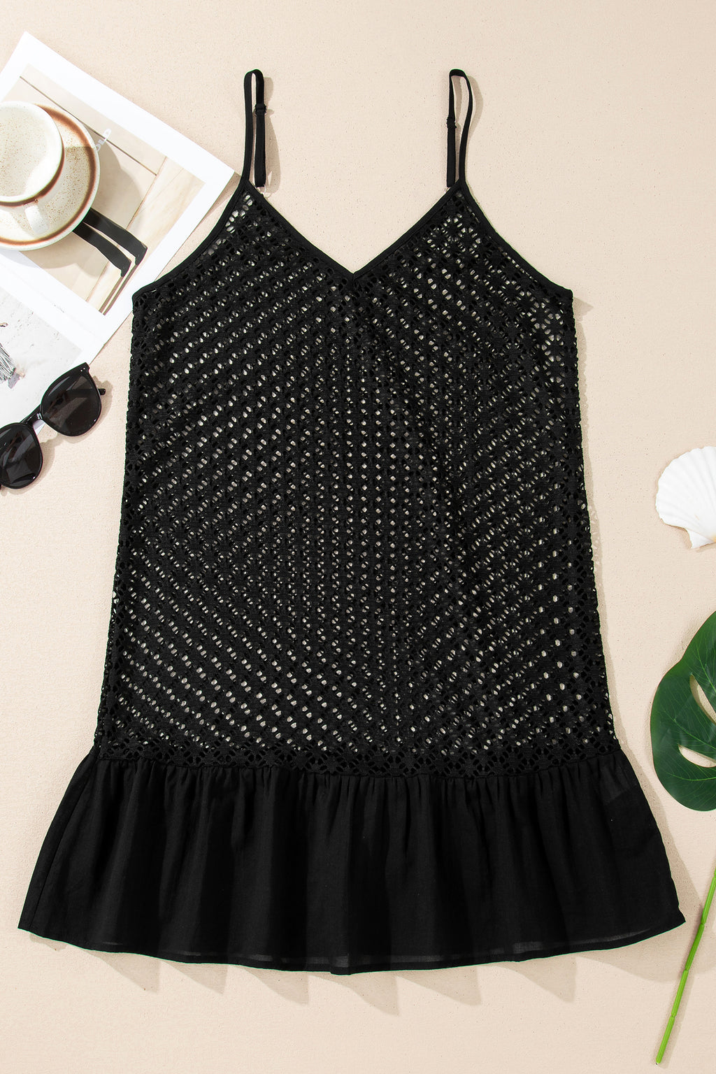 Black See Through Patterned Knit Ruffle Hem Patchwork Beach Cover Up