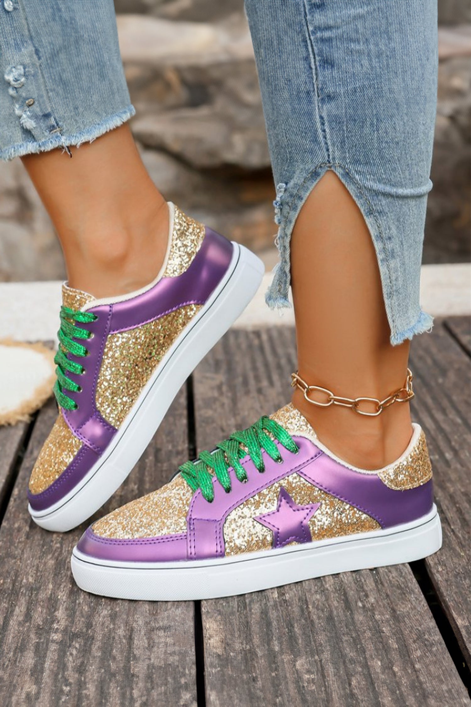 Gold Glitter Star Patchwork PU Leather Lace-up Sneakers