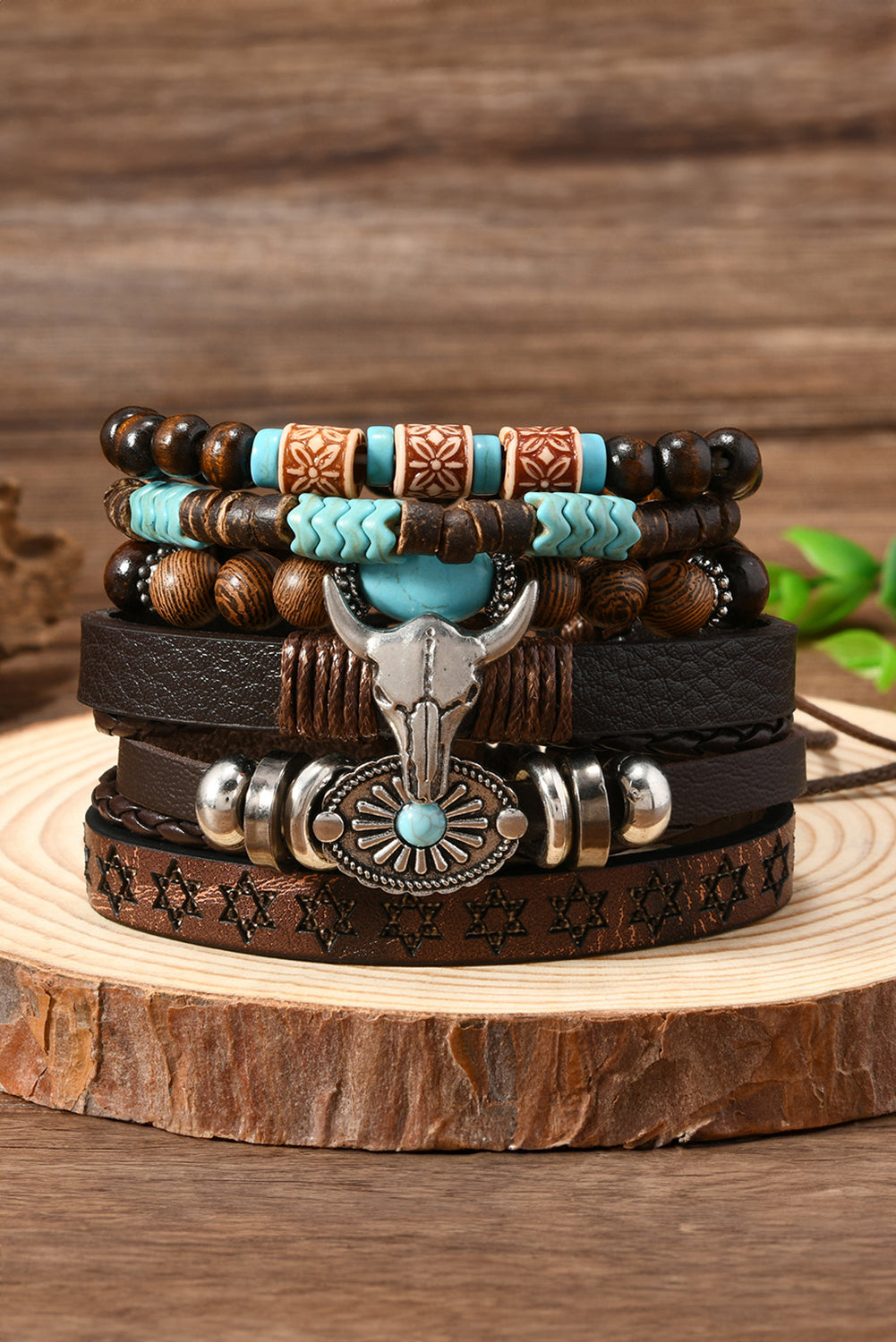 Chestnut 6 Piece Western Bull Skull Turquoise Beading Bracelet