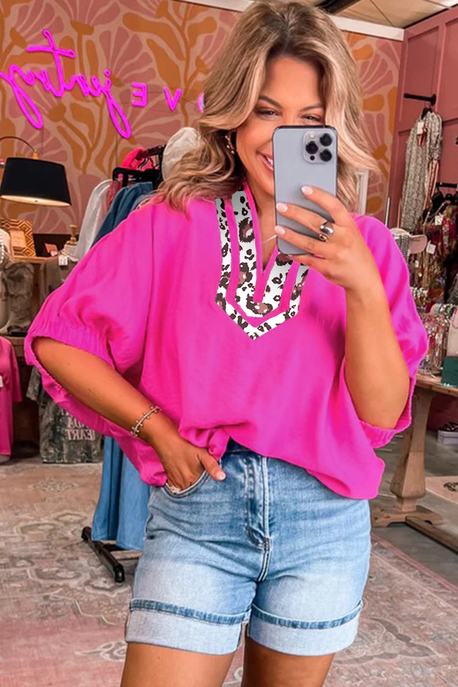 Black Dolman Half Sleeve Leopard Patchwork Trim V Neck Blouse