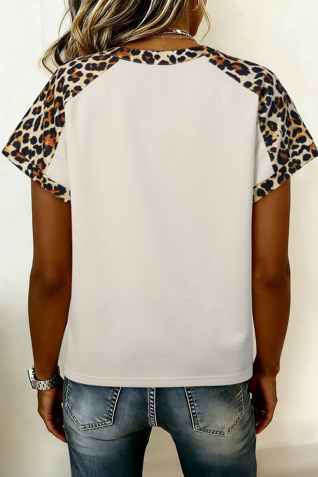 Beige Leopard Patchwork Half Button Short Sleeve Top