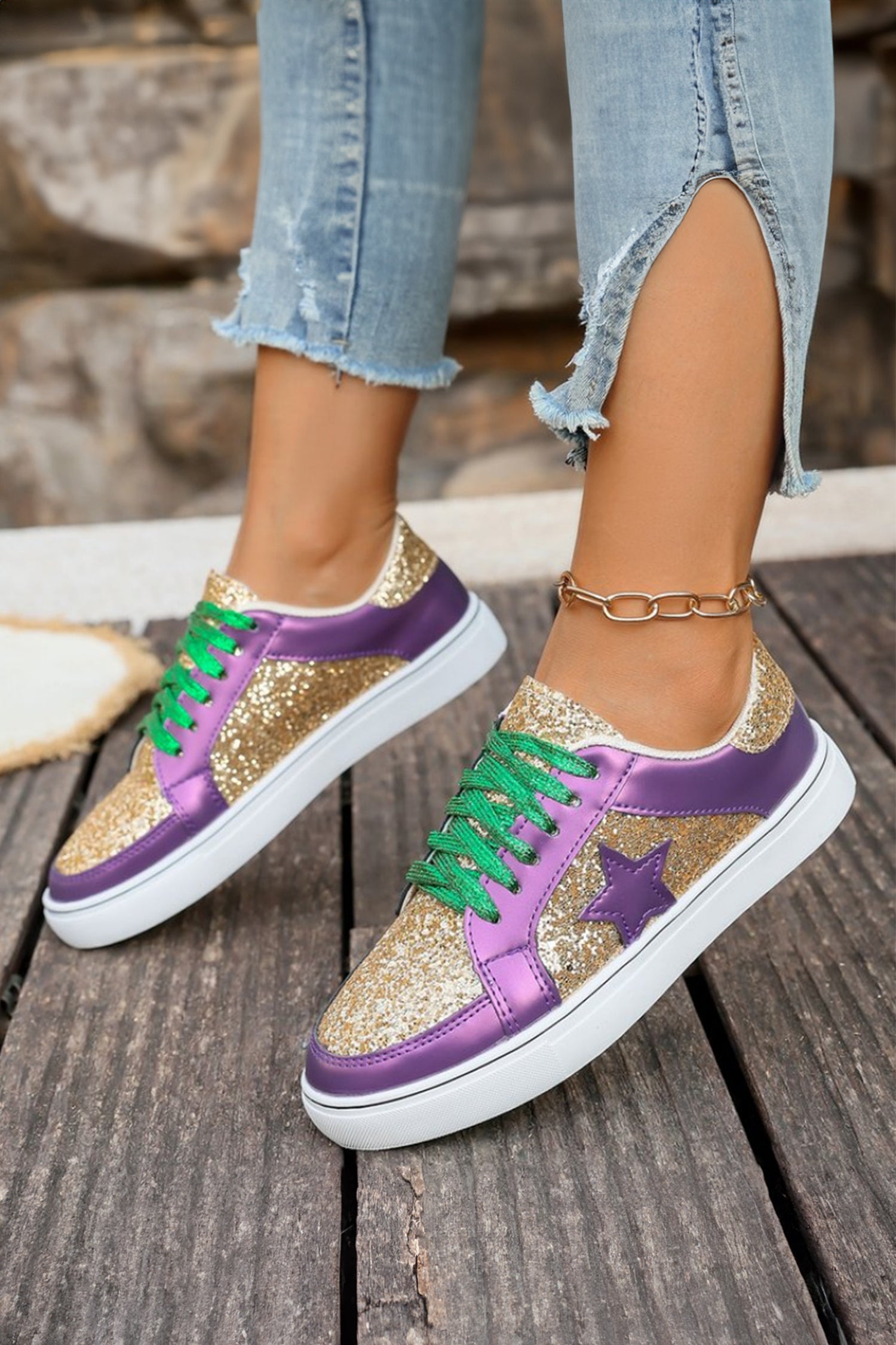 Gold Glitter Star Patchwork PU Leather Lace-up Sneakers