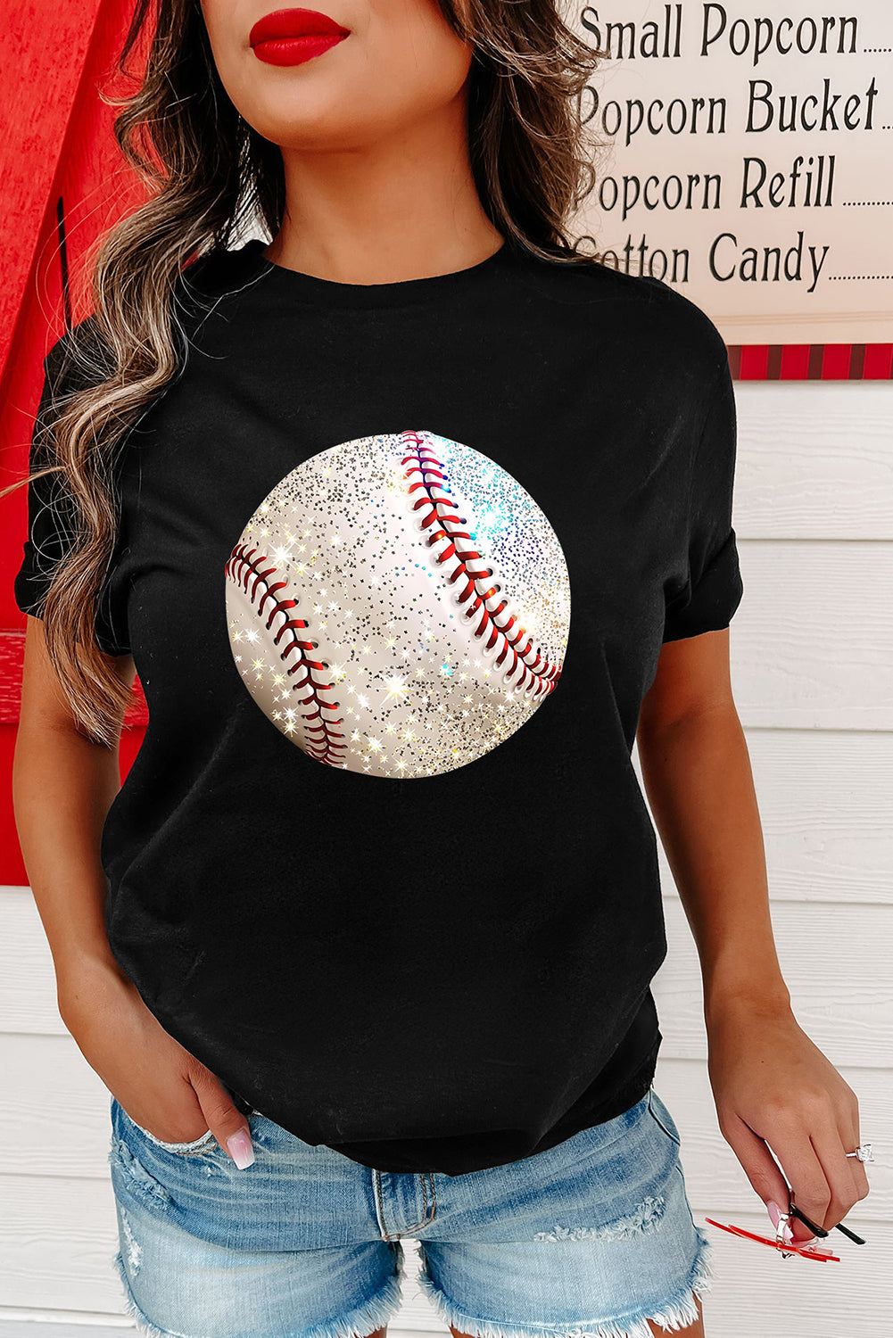 Black Heat Transfer Baseball Print Cotton Blend T Shirt