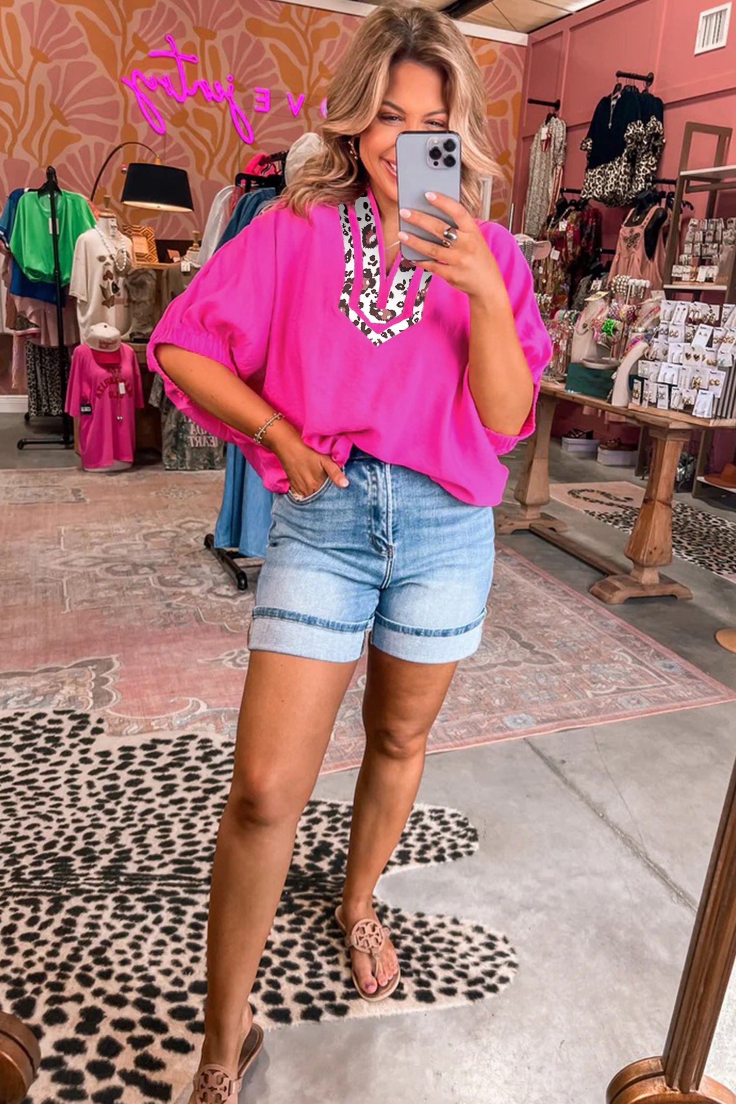 Black Dolman Half Sleeve Leopard Patchwork Trim V Neck Blouse