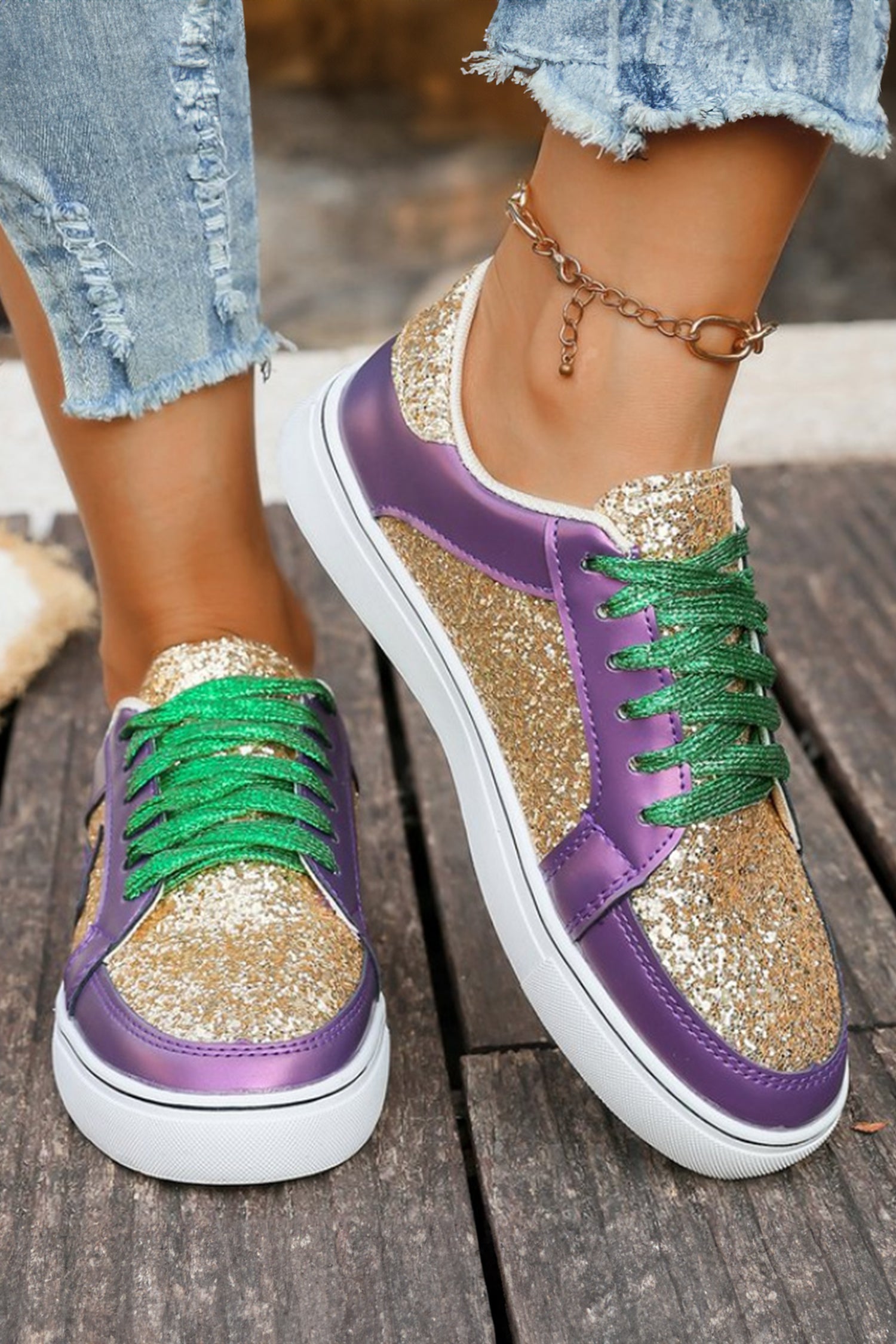 Gold Glitter Star Patchwork PU Leather Lace-up Sneakers